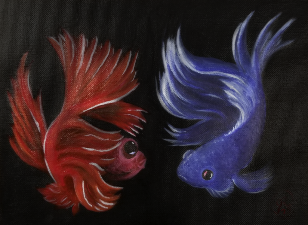 "Duality" an acrylic painting of two Beta fish. Acrylic painting on canvas board.